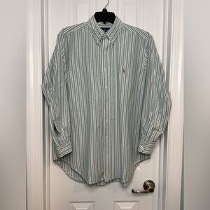 Ralph Lauren Classic Shirt Mens 17 32/33 Green Stripe Button Oxford Flesh Pony